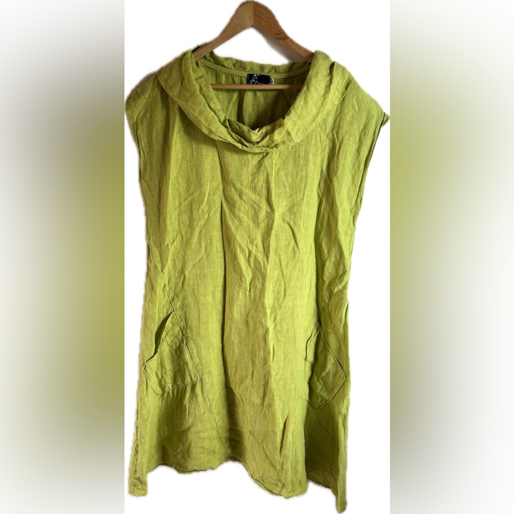 FENINI 100% Linen Green Sleeveless Dress